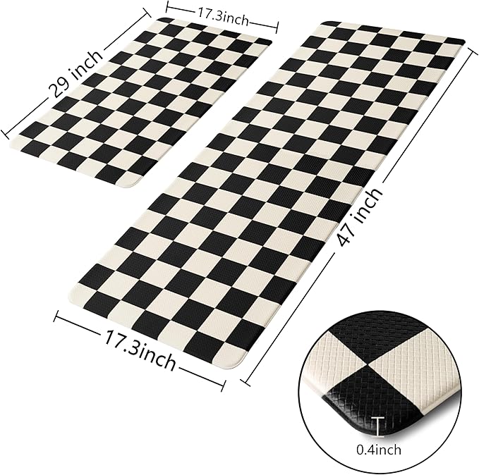 Beige Black Checkered Grid Checkerboard Kitchen Rug Sets [2 PCs], Anti-Fatigue, Waterproof Non-Slip Kitchen Mats Heavy Duty Comfort Foam Rug for Kitchen, Floor, Laundry,17"x29"+17"x47"