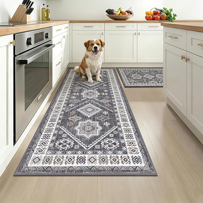 HEBE Boho Kitchen Rugs Sets of 2, Non Slip Washable Kitchen Mats for Floor, Farmhouse Kitchen Carpet Runner Rug Set for Sink, Stove, Laundry Room & Hallway