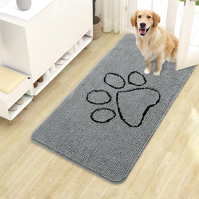 OLANLY Dog Door Mat for Muddy Paws 40x24, Paw Print Design, Absorbs Moisture and Dirt, Absorbent Non-Slip Washable Doormat, Quick Dry Chenille Mud Mat for Dogs, Entry Indoor Entryway Carpet, Grey