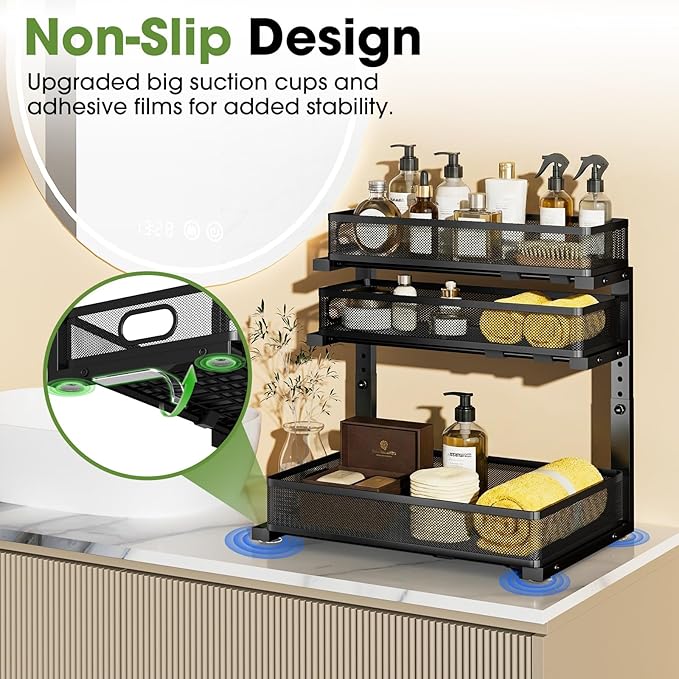 Under Sink Organizer 3 Tier, 2 Pack L-Shaped Pull-Out Cabinet Organizer with Sliding Metal Mesh Drawers, Height Adjustable Under Sink Storage Rack for Kitchen Bathroom Cabinet, Black