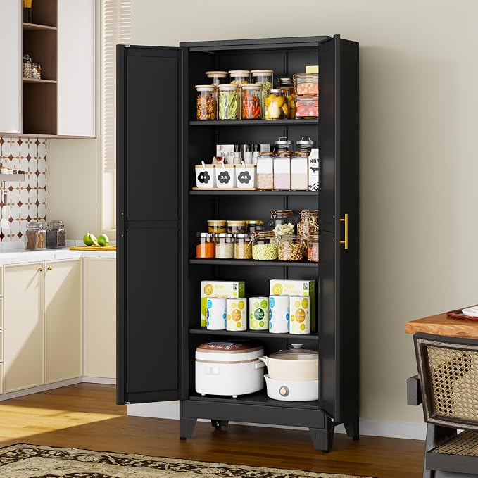 71" Black Metal Garage Storage Cabinet with 2 Doors and 4 Adjustable Shelves,Kitchen Pantry Cabinet,File Cabinet,Steel Tool Cabinet for Home,Office,Garage,School,Warehouse