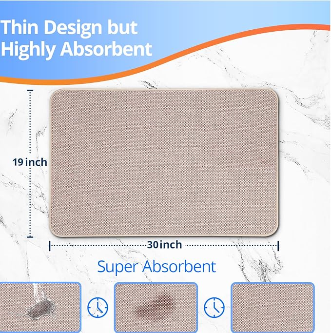 Upgraded Bath Mat 19x30Inch, Thin Bath Mats Rugs with Rubber Backing Non-Slip, Absorbent,Quick Dry Machine Washable, Home Decor Accessories Cozy Cloth Bathroom Rugs fit Under Door/Sink/Tub-Biege