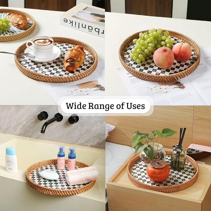 Round Rattan Tray with Mother of Pearl Inlay, Decorative Wicker Serving Tray with Wooden Base, Woven Basket Trays for Bread Fruits Coffee, Checkered