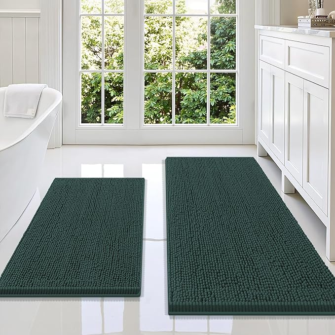 Smiry Bathroom Rugs Sets 2 Piece, Soft Absorbent Chenille Machine Washable Non Slip Shaggy Bath Rug Set for Tub, Shower, and Floor (47x20+30x20, Green)