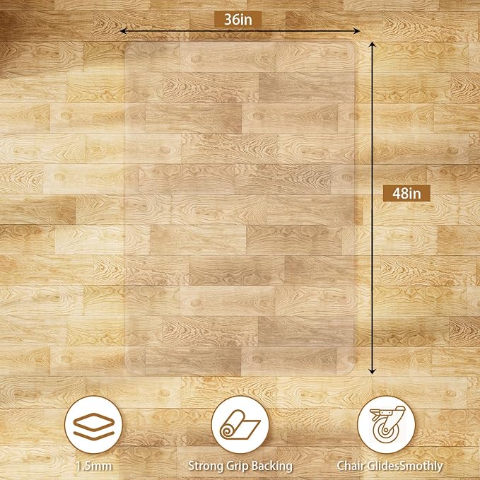 Office Chair Mat for Hard Floors 36 x 48 Inch, Clear Plastic Floor Protector for Rolling Desk & Computer Chairs, Transparent Under Desk Mat for Hardwood, Wood & Tile Floors