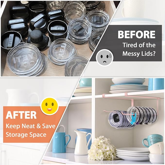 2 Pack Tumbler Lid Organizer, Horizontal Tumbler Lid Storage Hook Up to 20 Lids, Space Saving Cup Lid Holder Under Cabinet Tumbler Lid Hook for Kitchen Organizer, Paper Towel Hanger(Round&Flat, Pink)