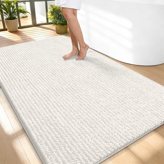 OLANLY Thick Large Bathroom Rugs 59x35, Extra Soft Absorbent Chenille Bath Rugs, Rubber Backing, Machine Wash Dry, Bath Mats for Bathroom Floor, Tub and Shower, Home Decor Accessories, Ivory