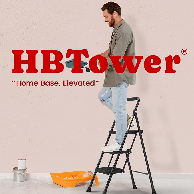 HBTower Step Ladder, Folding Step Stool with Wide Anti-Slip Pedal, Sturdy Steel Ladder, Convenient Handrail, Lightweight, Portable Steel Step Stool