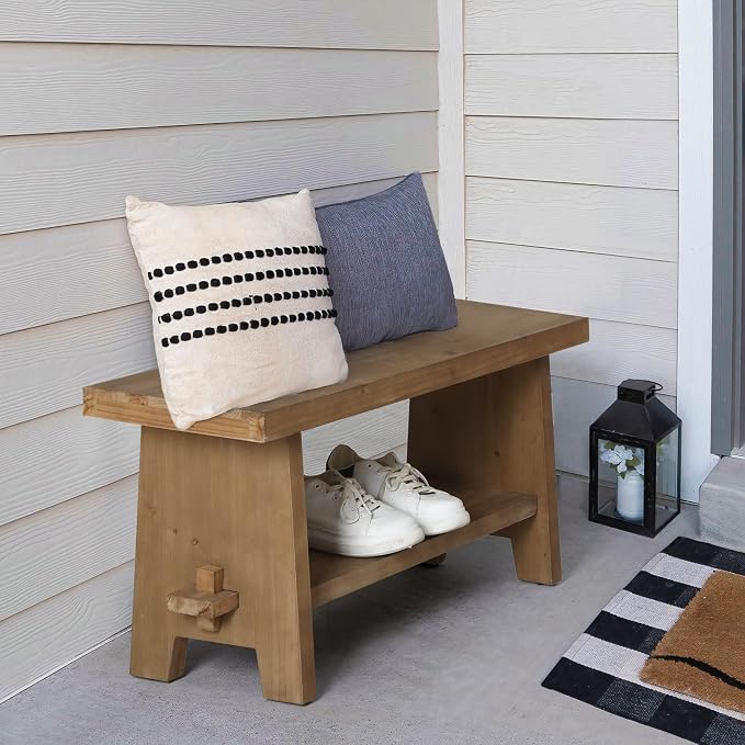 HOKYHOKY Solid Wood Entryway Bench - 31.5" Farmhouse Small Storage Bench, Rustic Narrow Bench Seat for Indoor, Entryway, Dining Room, Living Room and Hallway, Brown