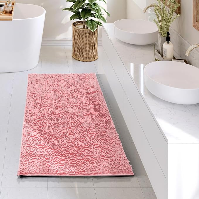 Hearth & Harbor Bathroom Rugs, Chenille Bath Mat - Machine Washable Bath Mats for Bathroom Non-Slip Backing Rubber, Quick Dry Bathroom Mat, 24 x 36 - Pink