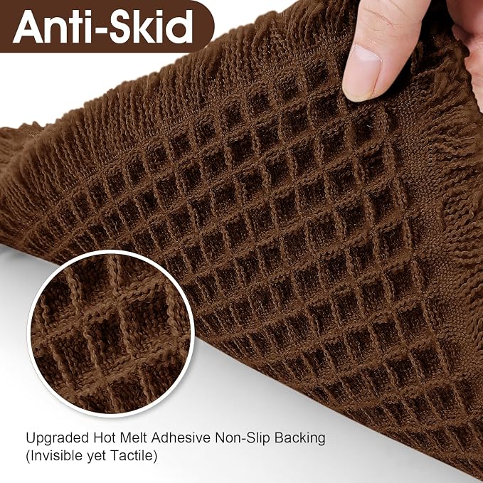 Waffle Bath Mat Set 2 Piece, Boho Woven Modern Bath Rug Absorbent Non Slip, Ultra Soft Bathroom Mats, Machine Washable Knit Bath Rugs with Herringbones for Bathroom, Bedroom, Kitchen, Shower, Brown