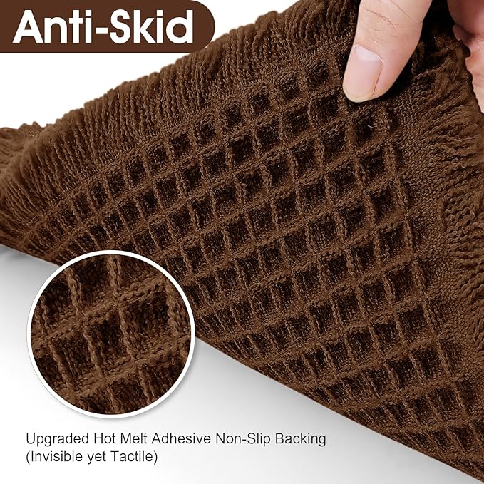 Waffle Bath Mat Set 3 Piece, Boho Woven Modern Bath Rug Absorbent Non Slip, Soft Bathroom Mats, Machine Washable Knit Bath Rugs with Herringbones for Bathroom, Bedroom, Kitchen, Shower, Tub, Brown
