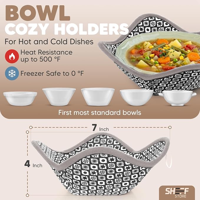 Sheff Microwave Bowl Cozy Holders Set of 4 - Durable and Reliable for Hot and Cold Plates and Dishes - Ideal Household Gift (Gray and White, 7 inch)