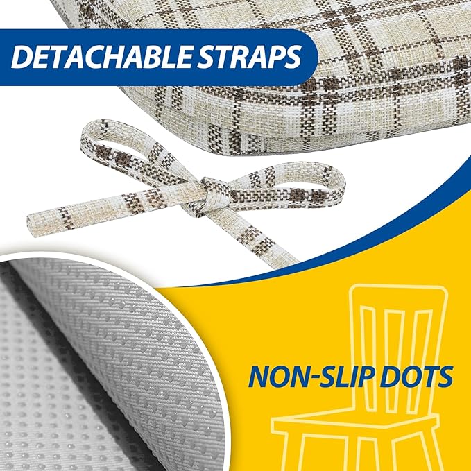 AAAAAcessories D-Shaped Chair Cushions, 2" Thick Dining Chair Pads with Ties and Removable, Machine-Washable Cover, 17" x 16", Set of 8, Tan Plaid