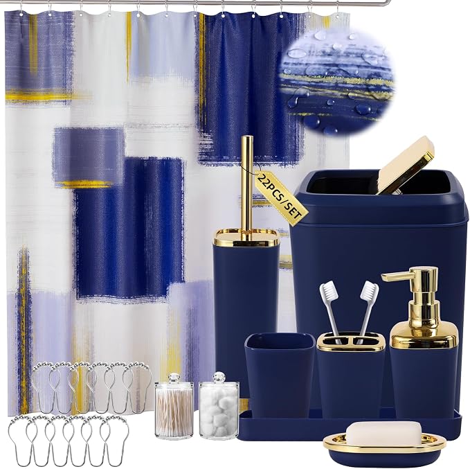XLHOMO Blue and Gold Bathroom Accessories Set, Bathroom Sets with Shower Curtain, Blue Bathroom Accessories with Trash Can, Soap Dispenser, Soap Dish, Toilet Brush Holder, Qtip Holders for Bathroom