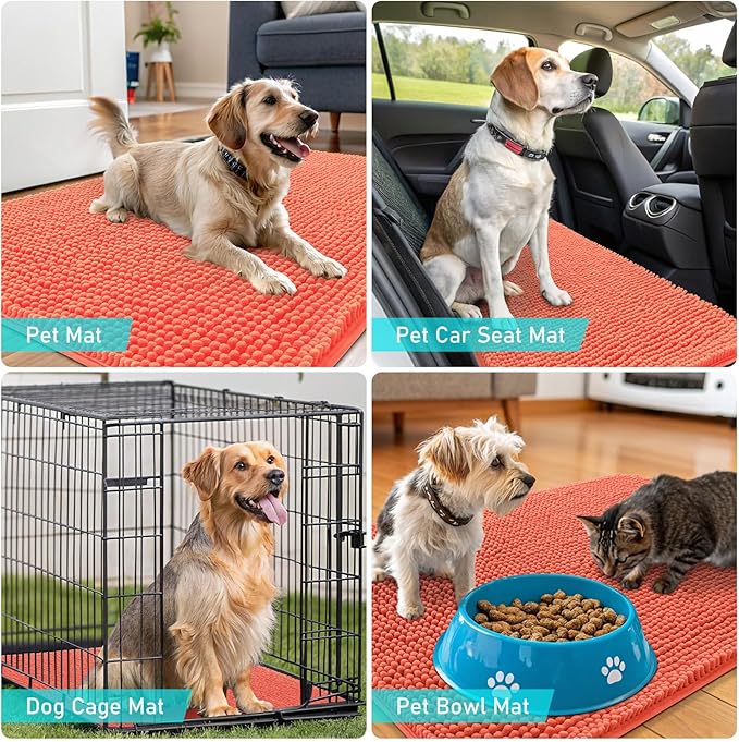 OLANLY Dog Door Mat for Muddy Paws 35x24, Absorbs Moisture and Dirt, Absorbent Non-Slip Washable Doormat, Quick Dry Chenille Mud Mat for Dogs, Entry Indoor Entryway Carpet for Inside Floor, Coral