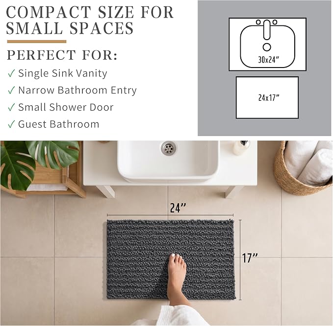Yimobra Bathroom Rugs Non Slip Washable - Ultra Soft Absorbent Chenille Bath Mat, Quick Dry Shaggy Floor Carpet for Tub Shower, Dark Gray Home Decor Accessories, 24x17 Inch