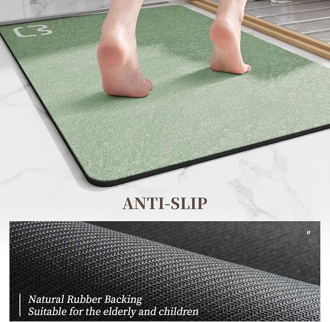 RUERYA Diatomaceous Earth Bath Mat 17" x 59" Extra Long Bathroom Mat Large Fast Dry Super Absorbent Non-Slip Rubber Backed Shower Mat Bath Rugs Mats for Bathroom Floor, Tub, Shower, Sink, Sage Green
