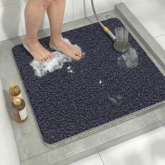 Square Loofah Shower Stall Mat 24"x24", Quick Drying Shower Mats with Drain, PVC Loofah Bath Mat for Wet Room & Bathroom Floor, Soft Textured & Elderly Safe, Washable & Resistant, Blue