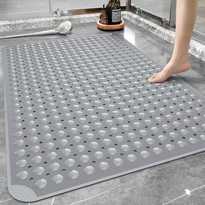 Yolife Extra Large Shower Mat, 34.3" L x 23.3" W TPE Anti Slip Stand Up Shower Mat with Drain Holes and Suction Cups, Large Size Mat More Suitable for Shower Stall, No Odor, Heavy Mat