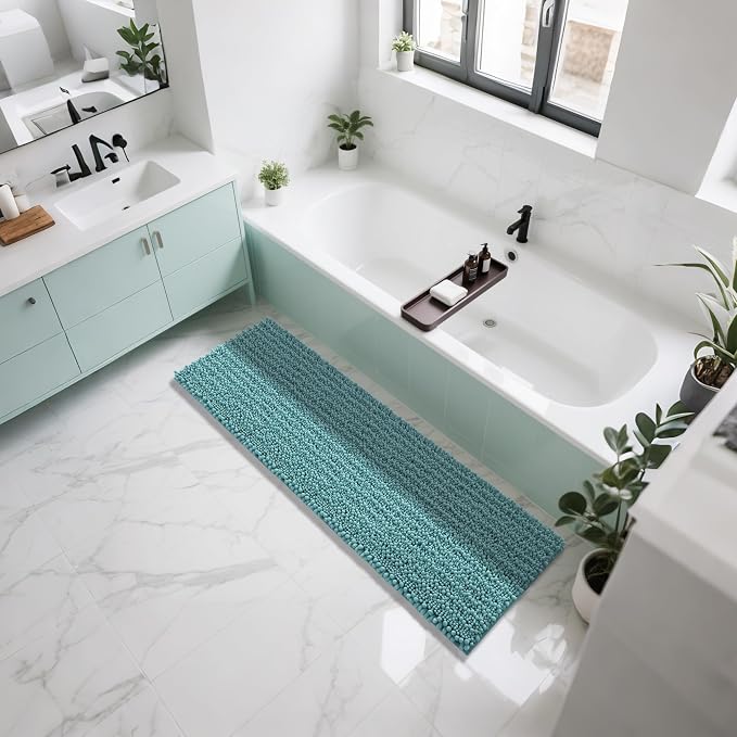 Yimobra Bathroom Runner Rug 60x24 Inch - Extra Long Non Slip Chenille Bath Mat, Soft & Absorbent, Machine Washable Shaggy Hallway Carpet for Vanity Tub Shower, Teal Blue Home Decor Accessories