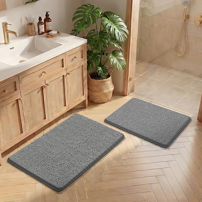 Bcoimo Bathroom Rug Set, Chenille Bathroom Rugs, Absorbent Non Slip Plush Bath Mats, Machine Washable Fast Drying Floor Mats for Tub, Shower, Sink, Vanity
