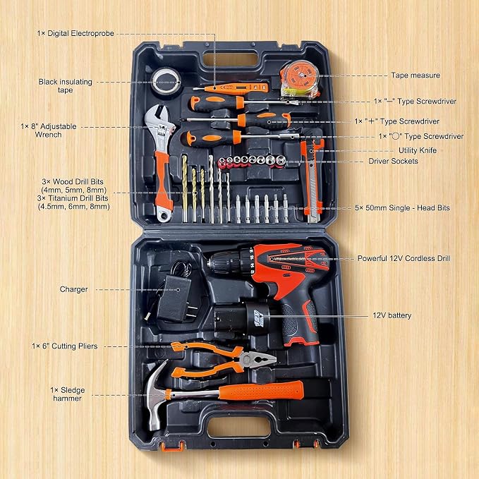 33 Picce Orange Tool Kit with 12V Cordless Drill, Tool Box with Drill, Hand Drill Set for Men Women, Home Tool Kits for House Repair, Handyman, DIY