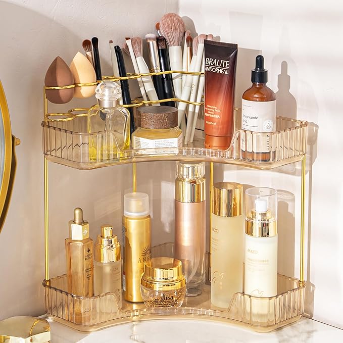 shuang qing Upgraded 2-Tier Corner Bathroom Countertop Organizer – Spacious Storage for Makeup, Skincare & Perfumes, Built-in Brush Holder Fits Vanity/Dresser/Bsthtub (Vintage Gold)
