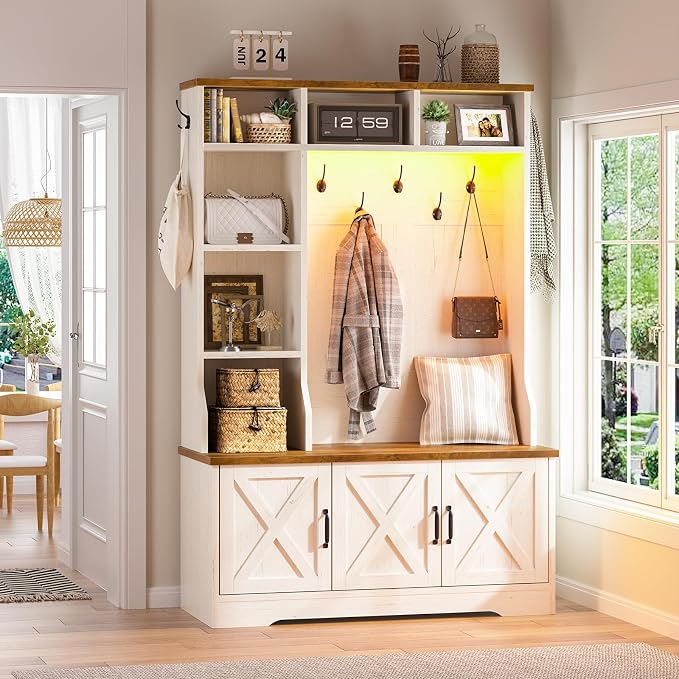 CSZZD Hall Tree with Bench and Shoe Storage, Farmhouse Entryway Bench with Coat Racks and Led Lights, Tall Hall Tree with 7 Coat Hooks, 6 Storage Cubbies, Adjustable Shelf