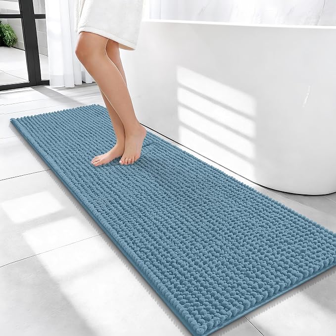 OLANLY Thick Bathroom Runner Rugs 47x17, Extra Soft Absorbent Chenille Bath Rugs, Rubber Backing, Machine Wash Dry, Long Bath Mats for Bathroom Floor, Tub and Shower, Home Decor Accessories, Airy Blue