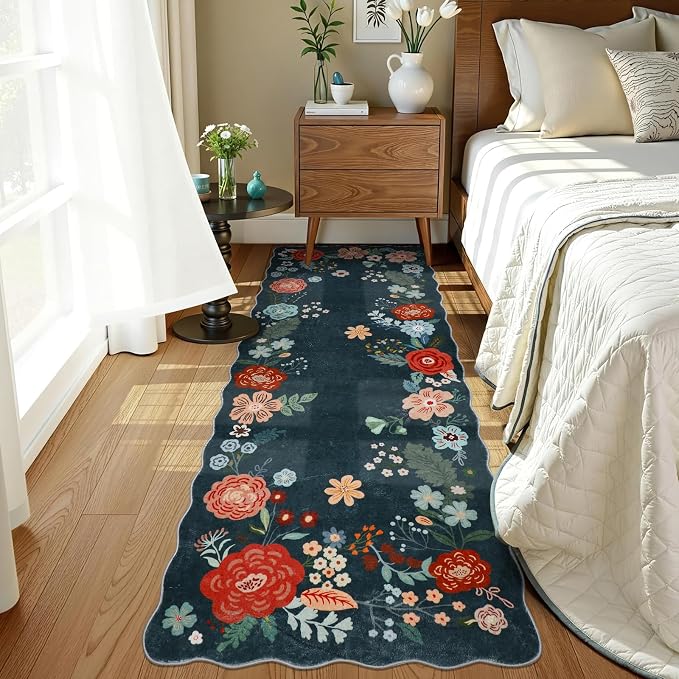 3x6 Runners for Hallways Non Slip, Cute Runner Rug for Room Decoration, Floral Carpet Runner to Walk on, Perfcet for Kitchen, Living Room, Entryway, Bedroom, Bathroom, Dark Green