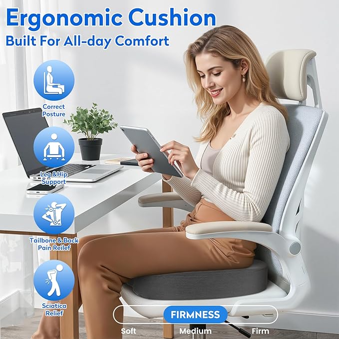CushZone Seat Cushion, Office Chair Cushions, Car Seat Cushion, Non-Slip Sciatica & Back Coccyx Tailbone Pain Relief Chair Pad, Memory Foam Butt Pillow for Computer Desk, Wheelchair, Driving (Grey)