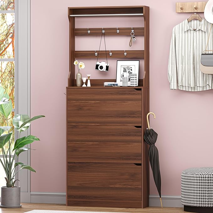 BORNOON Shoe Cabinet with 3 Flip Drawers & Coat Rack, Narrow Hidden Shoe Storage Cabinet, 2-in-1 Hall Tree Slim Freestanding Shoe Rack Organizer for Entryway, Hallway, and Living Room