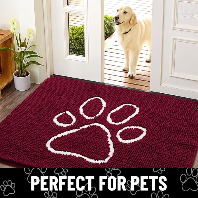 Smiry Dog Door Mat for Muddy Paws, Absorbent Dirt Trapper Non Slip Quick Dry Washable Chenille Mat for Mud Dogs, Entry Rug for Indoor and Outdoor (48x30 Inches, Burgundy and White)