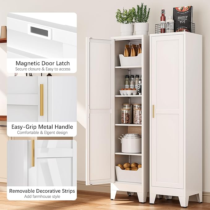 Bevivog Tall Bathroom Storage Cabinet, 67" Narrow Metal Storage Cabinets, Freestanding Tall Linen Cabinet, Slim Kitchen Pantry Cabinets with Shelves