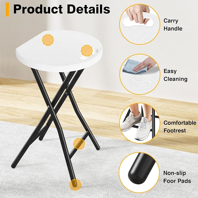 TAVR Furniture Portable Folding Chair with Handle, Heavy Duty Round Fold Stool Chair with 500lbs Capacity for Adults, 18 Inch Foldable Stool for Dorm, Kitchen, Vanity, Church and Outdoor use