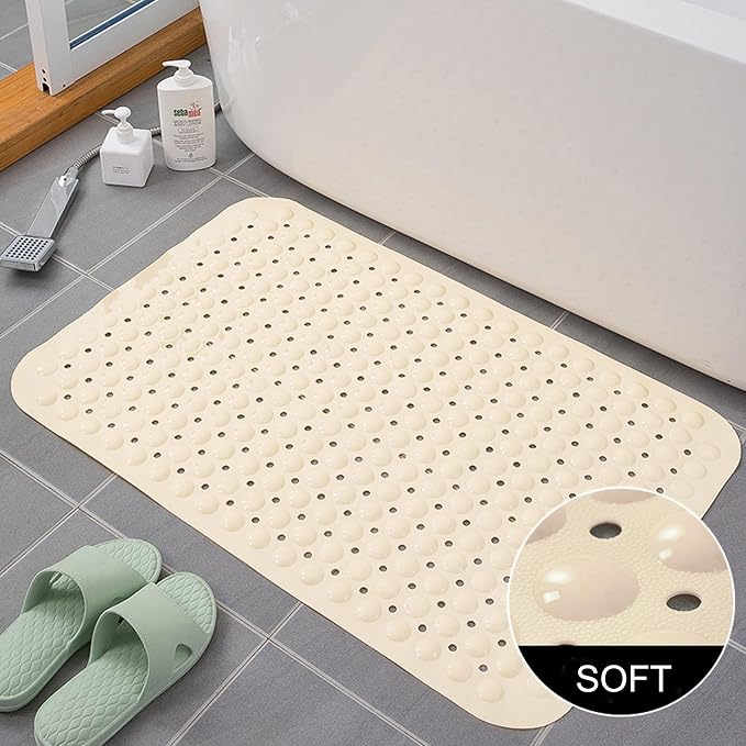 Bathtub and Shower Mats, 28 x 15 Inch Non-Slip Bath Mat, Machine Washable Bath Tub Mat with Suction Cups & Drain Holes for Bathroom, Beige