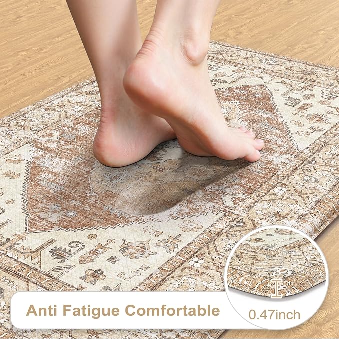 KIMODE Anti Fatigue Kitchen Mats for Floor 2 Piece 20"x59"+20"x32", Khaki Boho Distressed Kitchen Rugs, Non Slip Waterproof Kitchen Floor Mat, Comfort Foam Standing Mat for Sink Laundry Office Desk