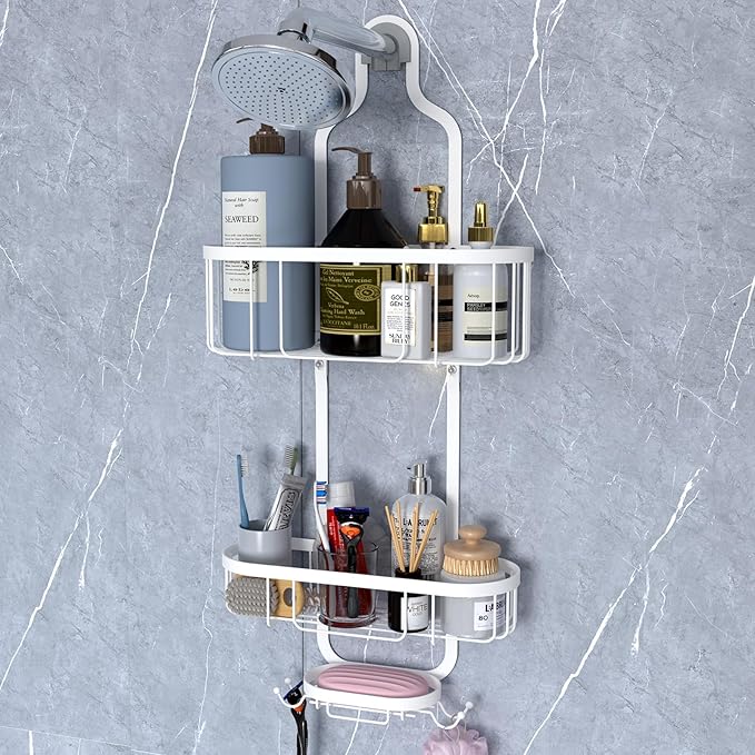 White Hanging Shower Caddy, 3-Tier Bathroom Organizer with Soap Dish, Rust Resistant, Quick Dry, Assembly Required