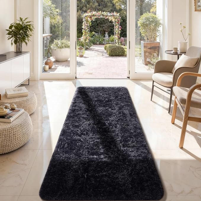 Ophanie Runner Rug for Hallway, 2x7 Washable Non-Slip Fluffy Soft Bedside Rugs, Bedroom Living Room Shaggy Carpet for Kids Girls Boys Dorm Nursery Home Decor Aesthetic, Black