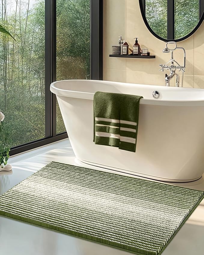 BSICPRO Chenille Bathroom Rugs, 24 x 43 Inches Non Slip Absorbent Bath Mat, Soft Shaggy Shower Bath Floor Mats for Bathroom, Machine Washable(Sage)