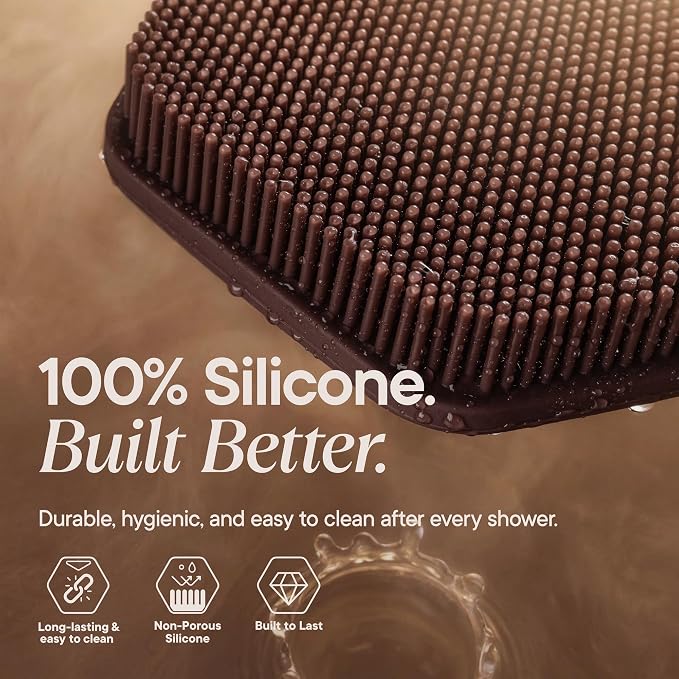 TOOLETRIES Silicone Back Scrubber for Shower, Exfoliating Body & Bath Brush, Long Ergonomic Handle, Non-Slip Grip for Hard-to-Reach Areas, Hygienic Silicone Bath Accessory for Men & Women - Chocolate