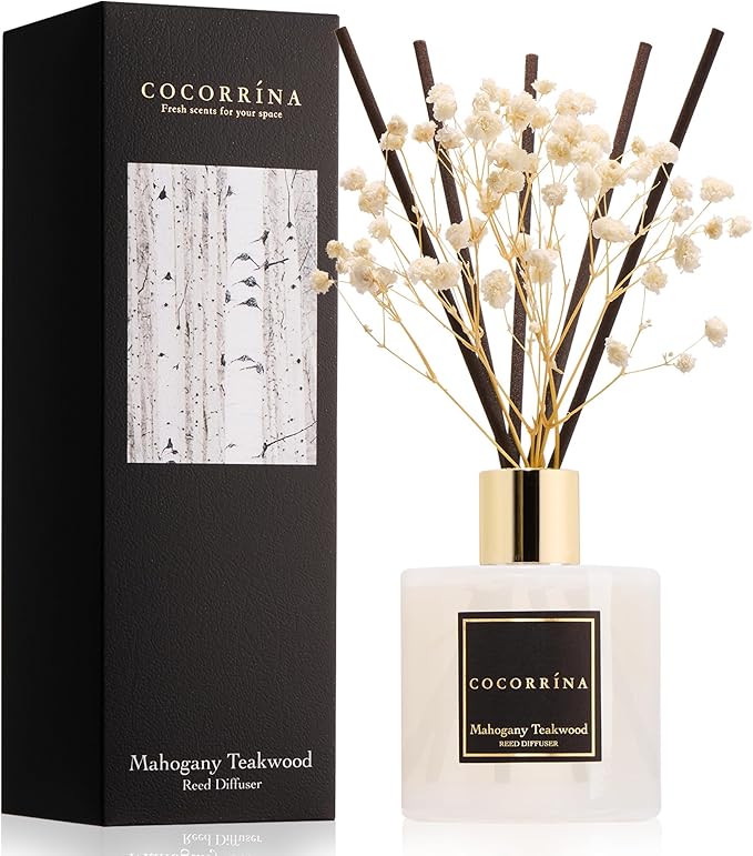 COCORRÍNA Reed Diffuser - Mahogany & Teakwood 6.7 fl oz Scented Diffuser with 8 Sticks Home Fragrance Reed Diffuser for Bathroom Shelf Decor