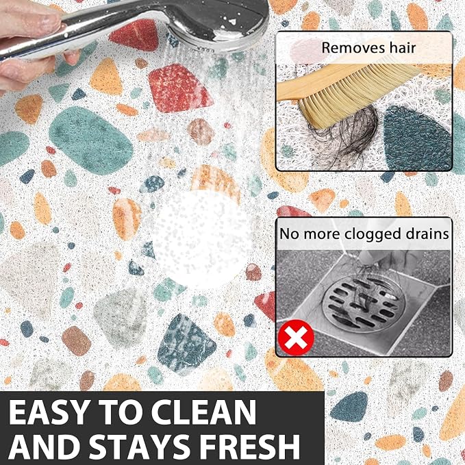 Non Slip Shower Mat: 32x24 Inch Extra Large Shower Mats for Inside Shower with Drain Hole in Middle - Soft PVC Loofah Anti Slip Shower Floor Mat for Standing and Walk-in Shower, Quick Drying