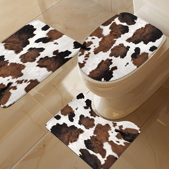 4 PCS Farmhouse Cow Print Shower Curtain Set 72Wx72H,Toilet Lid Cover,Non-Slip Rugs and U-Shaped Mat, Rustic Retro Bathroom Sets with Rugs Shower Accessories 12 Hooks for Bathroom Decor