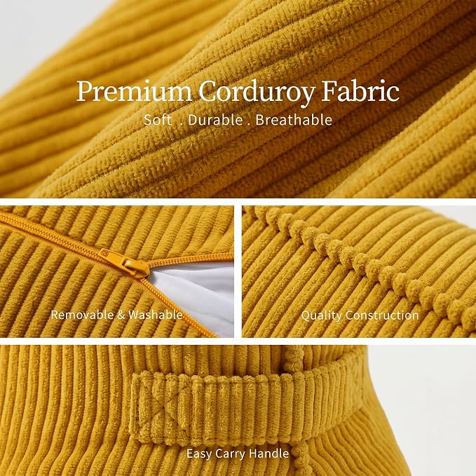 Pat. Pend. Corduroy Reading Back Pillow with Lumbar Support, Triangle Backrest Cushion for Bed Sitting & Relaxing, Support Pillow for Sofa or Headboard, Bright Yellow