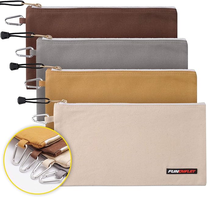 FunOwlet Utility Bag, Canvas Zipper Tool Bags - Heavy Duty Tools Pouch with Carabiner, Multi-Purpose Storage Organizer Clip on Tote Pouches in White, Gray, Tan, Brown, 4 Pack