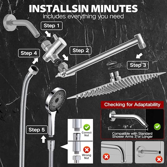 Shower Head,12”Rain Shower Head with Handheld Spray Combo and Adjustable Extension Arm/Shower System,High Pressure Rain Fall Hose,Chrome