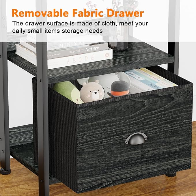 Furologee 5 Tier Bookshelf with Drawer, Kitchen Bakers Rack with Storage, Tall Narrow Bookcase, Industrial Free Standing Display Shelf, Wood and Metal Book Shelf for Bedroom, Living Room, Black