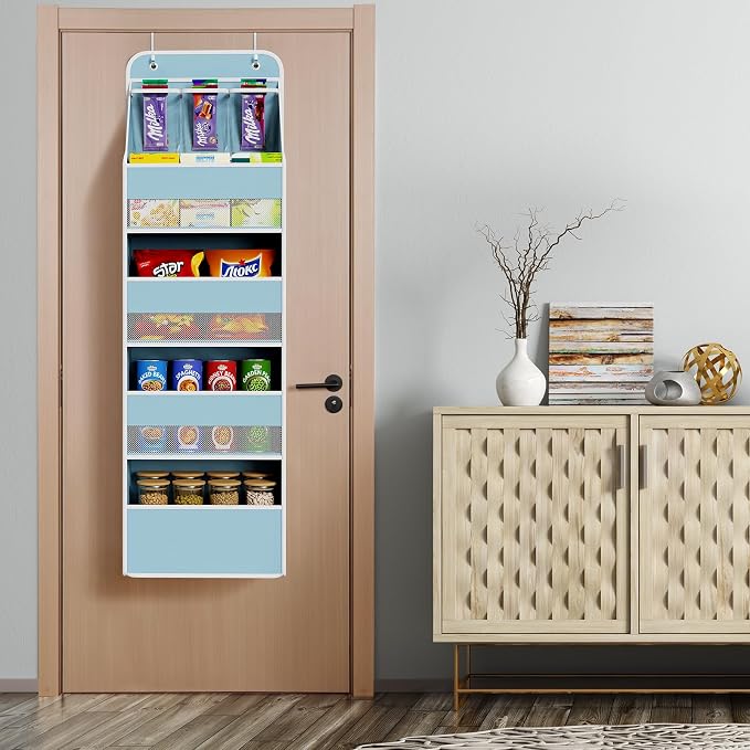 Univivi 5-Shelf Fabric Door Storage Over Door Hanging Organizer with 4 Large Pockets and 3 Small PVC Pockets Nursery Closet Cabinet Wall Mount Hanging Storage Organizers for Baby Nursery (Blue)